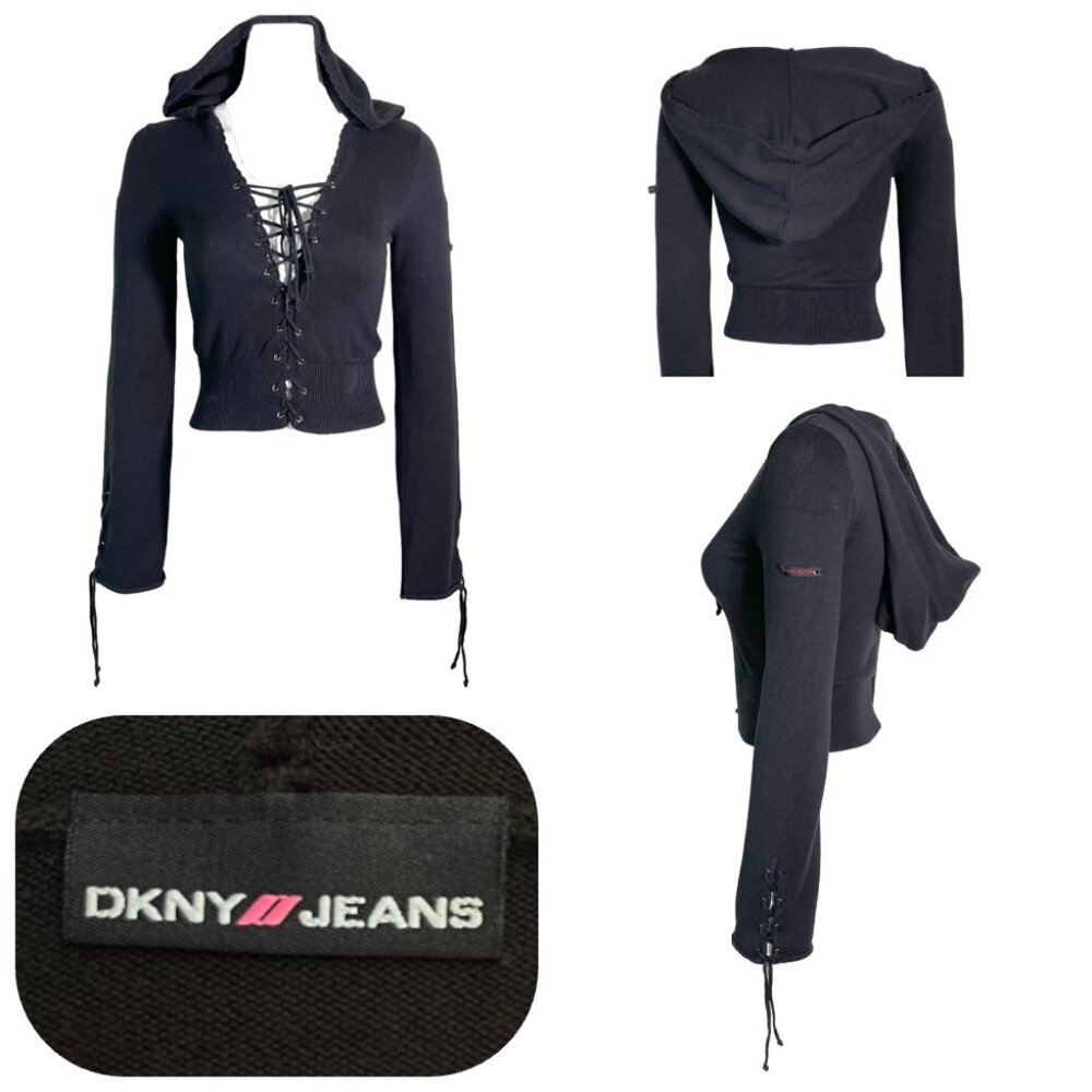 DKNY jeans lace up hooded jersey black top S